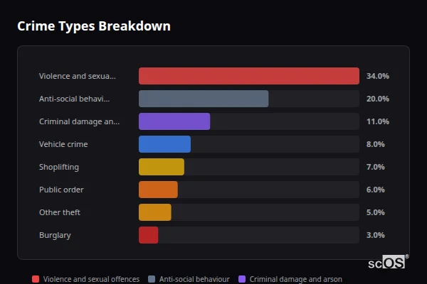 Crime Types Breakdown for Wickford - showing Violence and sexual offences (34%), Anti-social behaviour (20%), Criminal damage and arson (11%)