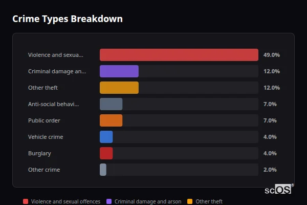 Crime Types Breakdown for Bramley - showing Violence and sexual offences (49%), Criminal damage and arson (12%), Other theft (12%)