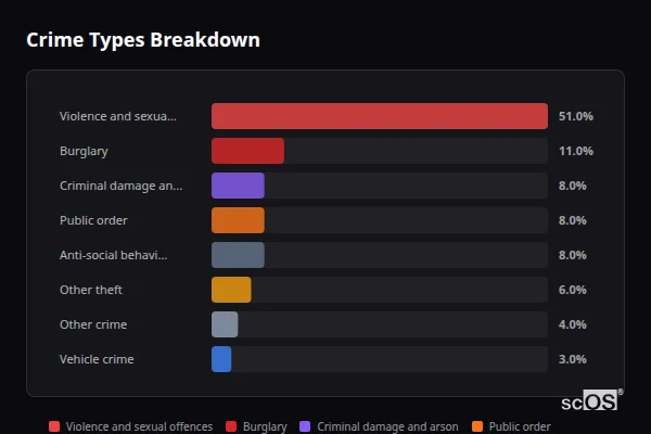 Crime Types Breakdown for Kingsclere - showing Violence and sexual offences (51%), Burglary (11%), Criminal damage and arson (8%)