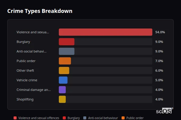 Crime Types Breakdown for Old Basing - showing Violence and sexual offences (54%), Burglary (9%), Anti-social behaviour (9%)