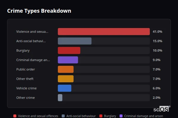 Crime Types Breakdown for Rural Basingstoke and Deane - showing Violence and sexual offences (41%), Anti-social behaviour (15%), Burglary (10%)
