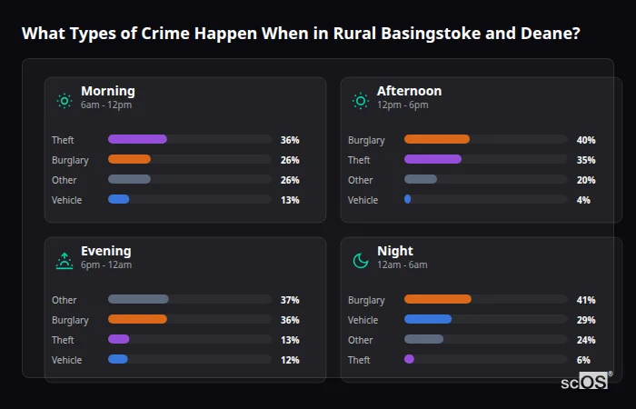 Crime types by time period for Rural Basingstoke and Deane - showing breakdown of burglary, violence, theft, and vehicle crime by morning, afternoon, evening, and night