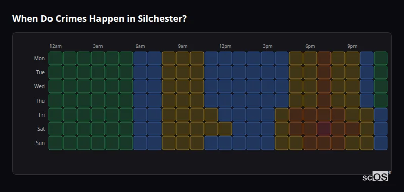 Crime time heatmap for Silchester - showing when crimes are most likely to occur by day and hour