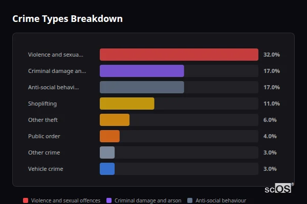 Crime Types Breakdown for Carlton in Lindrick - showing Violence and sexual offences (32%), Criminal damage and arson (17%), Anti-social behaviour (17%)