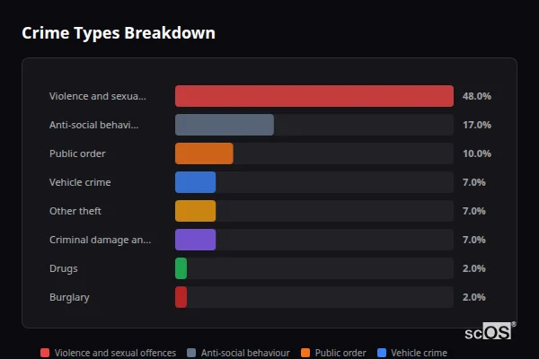 Crime Types Breakdown for Farmborough - showing Violence and sexual offences (48%), Anti-social behaviour (17%), Public order (10%)