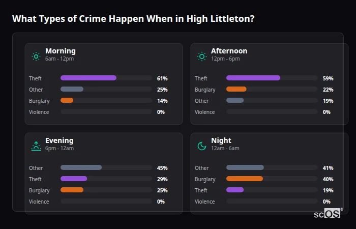 What Types of Crime Happen When in High Littleton? Crime types by time period for High Littleton - showing breakdown of burglary, violence, theft, and vehicle crime by morning, afternoon, evening, and night