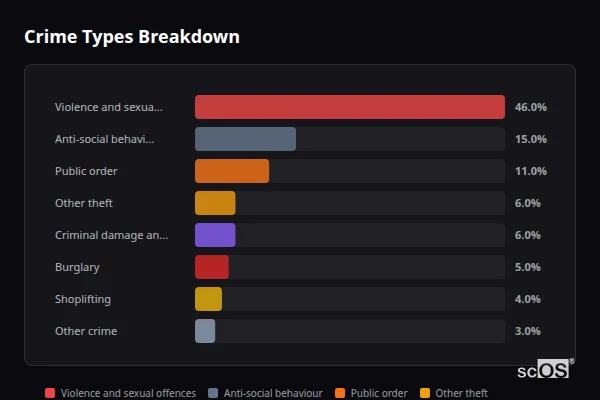 Crime Types Breakdown - Midsomer Norton Crime Types Breakdown for Midsomer Norton - showing Violence and sexual offences (46%), Anti-social behaviour (15%), Public order (11%)