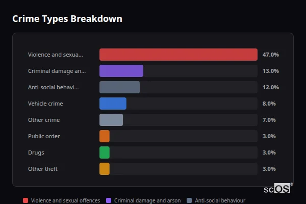 Crime Types Breakdown for Newton St Loe - showing Violence and sexual offences (47%), Criminal damage and arson (13%), Anti-social behaviour (12%)