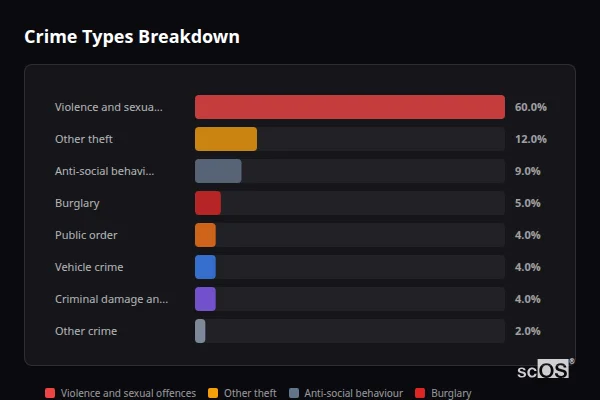 Crime Types Breakdown - Temple Cloud Crime Types Breakdown for Temple Cloud - showing Violence and sexual offences (60%), Other theft (12%), Anti-social behaviour (9%)