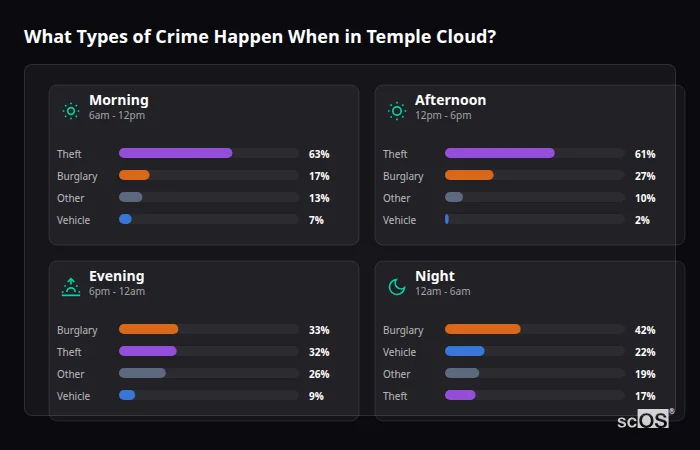 What Types of Crime Happen When in Temple Cloud? Crime types by time period for Temple Cloud - showing breakdown of burglary, violence, theft, and vehicle crime by morning, afternoon, evening, and night
