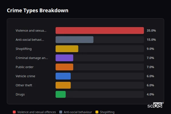Crime Types Breakdown for Bedford - showing Violence and sexual offences (35%), Anti-social behaviour (15%), Shoplifting (9%)