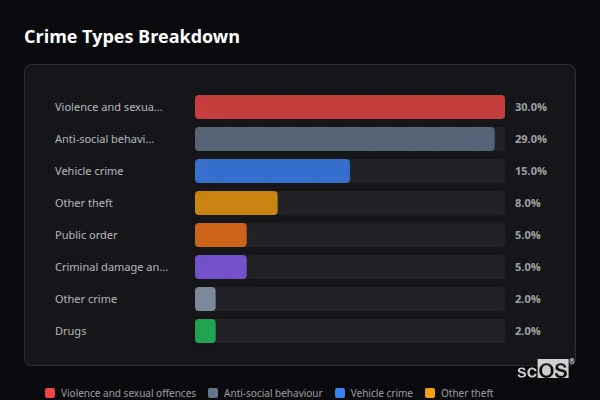 Crime Types Breakdown for Great Denham - showing Violence and sexual offences (30%), Anti-social behaviour (29%), Vehicle crime (15%)