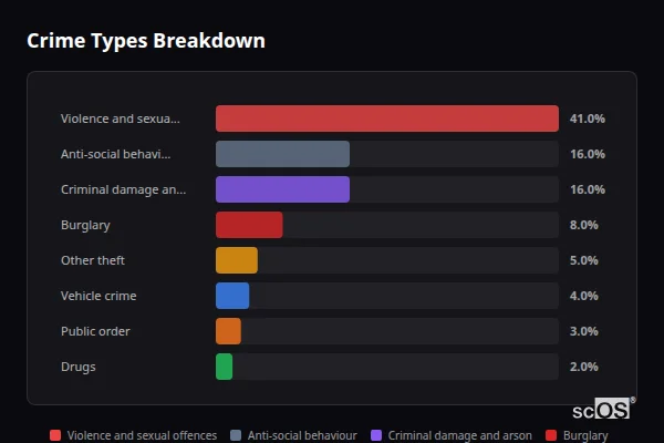 Crime Types Breakdown for Salph End - showing Violence and sexual offences (41%), Anti-social behaviour (16%), Criminal damage and arson (16%)