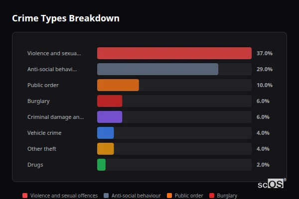 Crime Types Breakdown for Sharnbrook - showing Violence and sexual offences (37%), Anti-social behaviour (29%), Public order (10%)