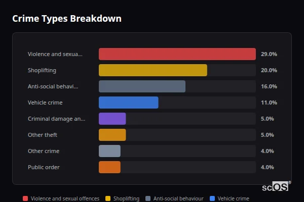 Crime Types Breakdown for Stewartby - showing Violence and sexual offences (29%), Shoplifting (20%), Anti-social behaviour (16%)