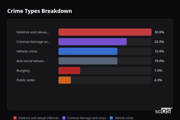 Crime Types Breakdown for Turvey - showing Violence and sexual offences (30%), Criminal damage and arson (22%), Vehicle crime (19%)