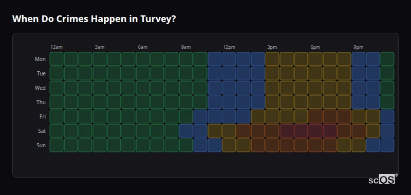 Crime time heatmap for Turvey - showing when crimes are most likely to occur by day and hour