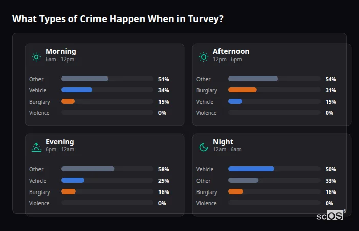 Crime types by time period for Turvey - showing breakdown of burglary, violence, theft, and vehicle crime by morning, afternoon, evening, and night