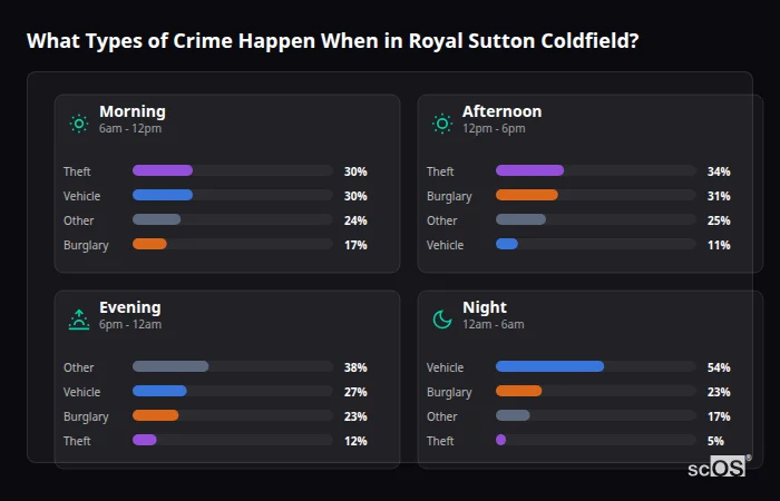 Crime types by time period for Royal Sutton Coldfield - showing breakdown of burglary, violence, theft, and vehicle crime by morning, afternoon, evening, and night