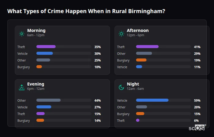 Crime types by time period for Rural Birmingham - showing breakdown of burglary, violence, theft, and vehicle crime by morning, afternoon, evening, and night