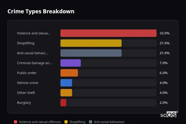 Crime Types Breakdown for Rural Blaby - showing Violence and sexual offences (33%), Shoplifting (21%), Anti-social behaviour (21%)