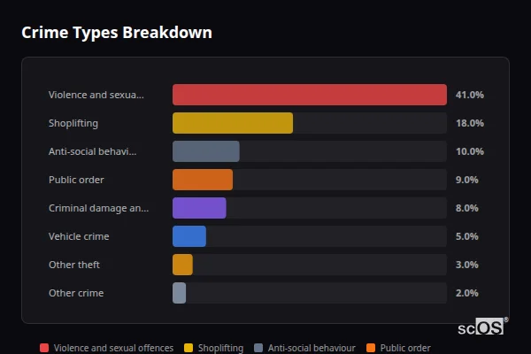 Crime Types Breakdown - Sapcote Crime Types Breakdown for Sapcote - showing Violence and sexual offences (41%), Shoplifting (18%), Anti-social behaviour (10%)
