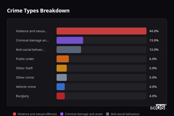 Crime Types Breakdown for Stoney Stanton - showing Violence and sexual offences (44%), Criminal damage and arson (13%), Anti-social behaviour (12%)