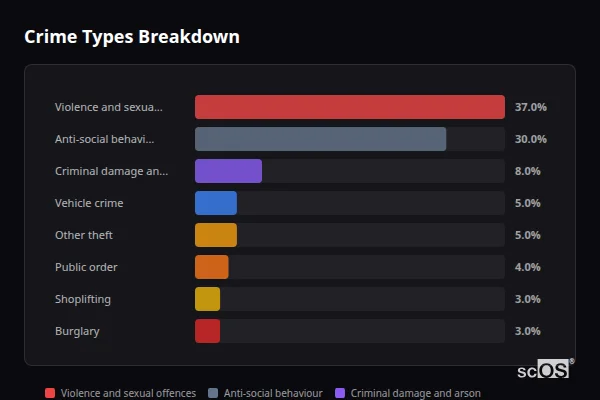 Crime Types Breakdown for Darwen - showing Violence and sexual offences (37%), Anti-social behaviour (30%), Criminal damage and arson (8%)