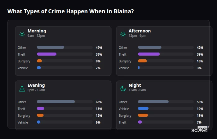 Crime types by time period for Blaina - showing breakdown of burglary, violence, theft, and vehicle crime by morning, afternoon, evening, and night