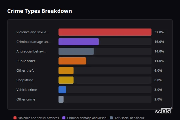 Crime Types Breakdown - Brynmawr Crime Types Breakdown for Brynmawr - showing Violence and sexual offences (37%), Criminal damage and arson (16%), Anti-social behaviour (14%)
