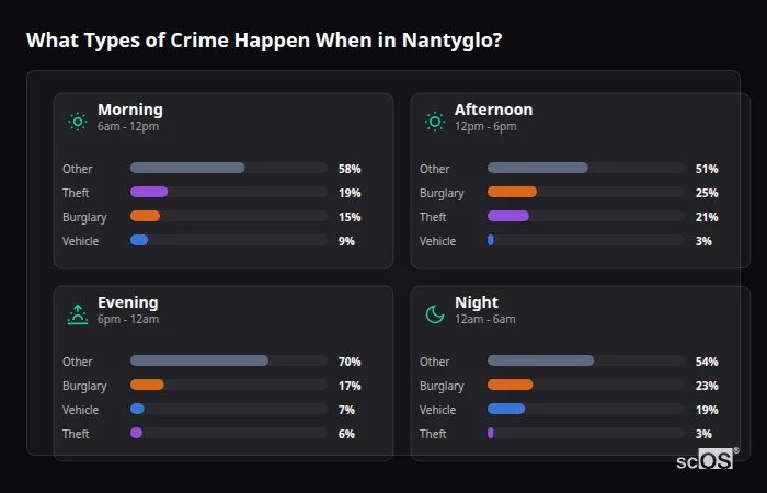 What Types of Crime Happen When in Nantyglo? Crime types by time period for Nantyglo - showing breakdown of burglary, violence, theft, and vehicle crime by morning, afternoon, evening, and night