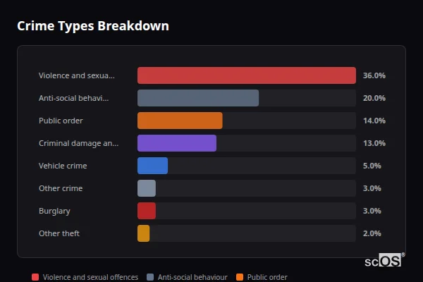 Crime Types Breakdown for Rural Blaenau Gwent - showing Violence and sexual offences (36%), Anti-social behaviour (20%), Public order (14%)