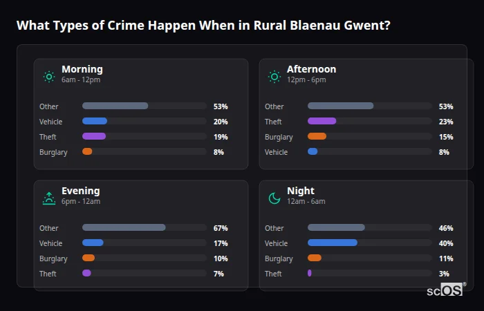 Crime types by time period for Rural Blaenau Gwent - showing breakdown of burglary, violence, theft, and vehicle crime by morning, afternoon, evening, and night