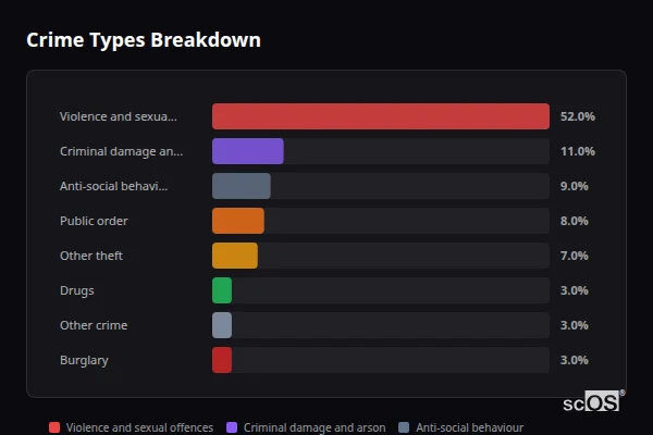 Crime Types Breakdown for Swffryd - showing Violence and sexual offences (52%), Criminal damage and arson (11%), Anti-social behaviour (9%)