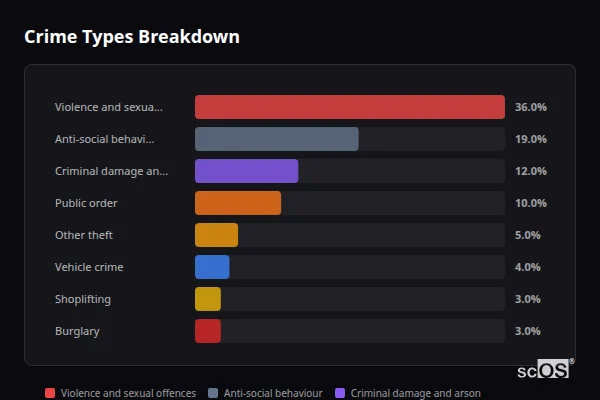 Crime Types Breakdown - Tredegar Crime Types Breakdown for Tredegar - showing Violence and sexual offences (36%), Anti-social behaviour (19%), Criminal damage and arson (12%)