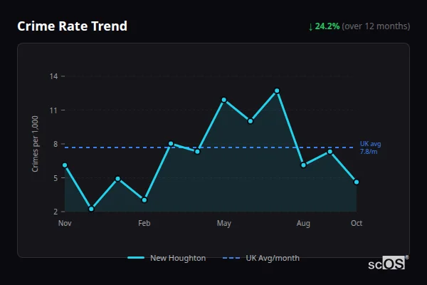 Crime Rate Trend for New Houghton - showing 24.2% decrease over 12 months