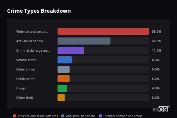 Crime Types Breakdown for Newton and Blackwell - showing Violence and sexual offences (38%), Anti-social behaviour (22%), Criminal damage and arson (11%)