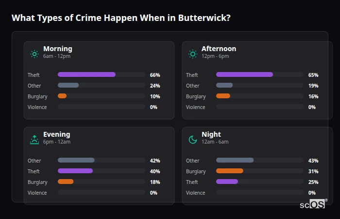 Crime types by time period for Butterwick - showing breakdown of burglary, violence, theft, and vehicle crime by morning, afternoon, evening, and night