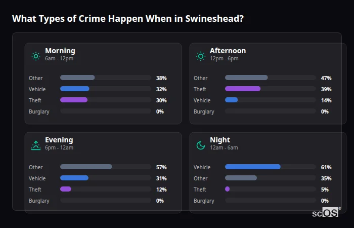 What Types of Crime Happen When in Swineshead? Crime types by time period for Swineshead - showing breakdown of burglary, violence, theft, and vehicle crime by morning, afternoon, evening, and night