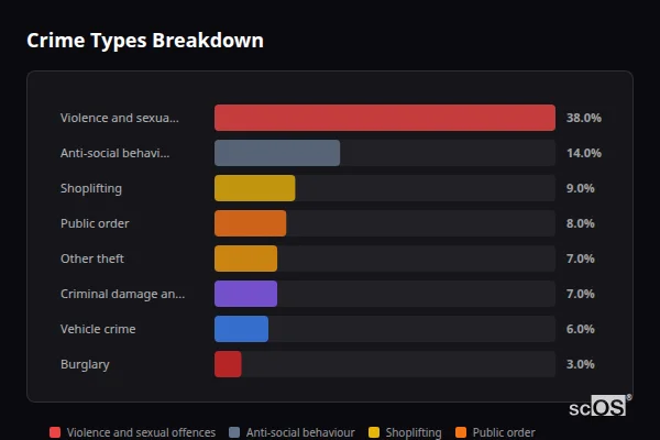 Crime Types Breakdown for Bracknell - showing Violence and sexual offences (38%), Anti-social behaviour (14%), Shoplifting (9%)