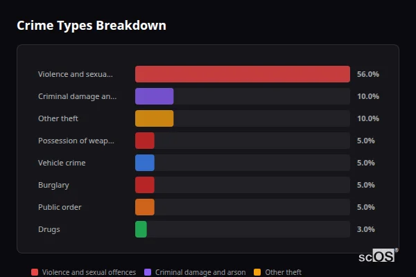 Crime Types Breakdown for Cranbourne - showing Violence and sexual offences (56%), Criminal damage and arson (10%), Other theft (10%)