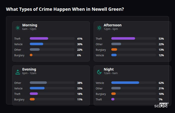 Crime types by time period for Newell Green - showing breakdown of burglary, violence, theft, and vehicle crime by morning, afternoon, evening, and night