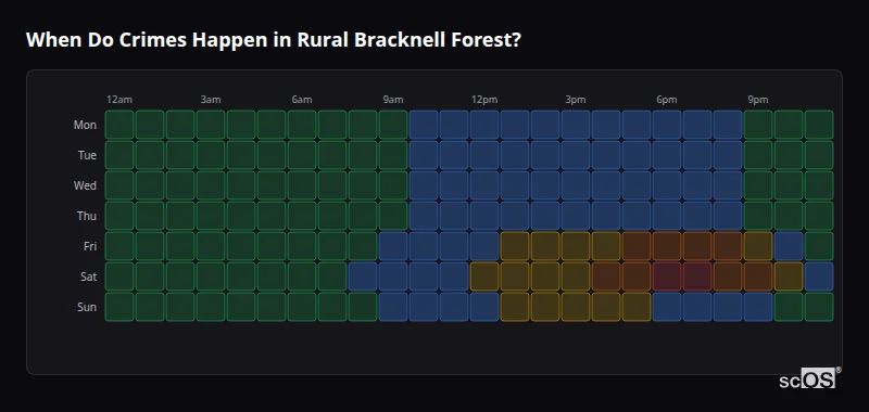 Crime time heatmap for Rural Bracknell Forest - showing when crimes are most likely to occur by day and hour