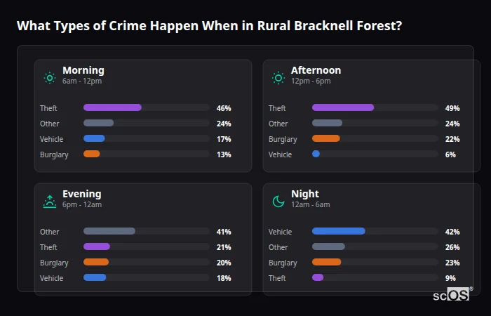 Crime types by time period for Rural Bracknell Forest - showing breakdown of burglary, violence, theft, and vehicle crime by morning, afternoon, evening, and night