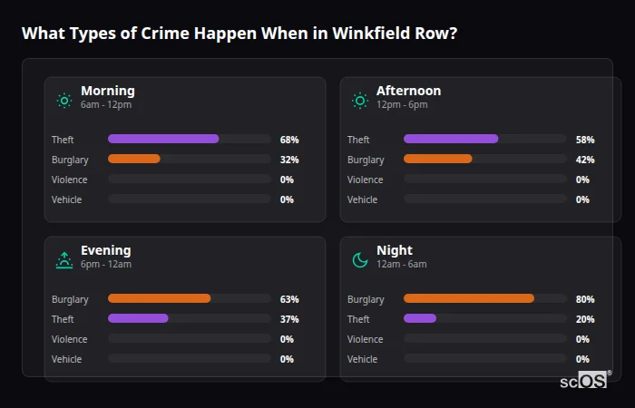 Crime types by time period for Winkfield Row - showing breakdown of burglary, violence, theft, and vehicle crime by morning, afternoon, evening, and night