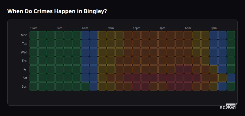 Crime time heatmap for Bingley - showing when crimes are most likely to occur by day and hour