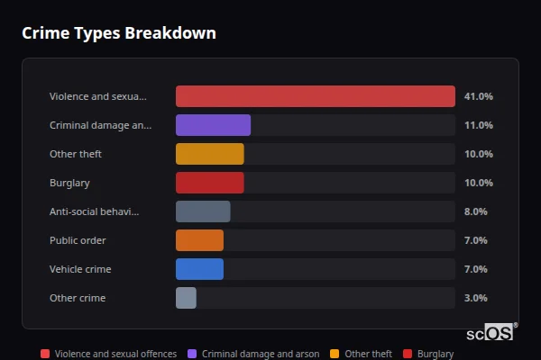Crime Types Breakdown for Burley in Wharfedale - showing Violence and sexual offences (41%), Criminal damage and arson (11%), Other theft (10%)