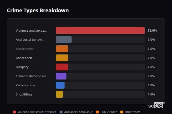 Crime Types Breakdown for Silsden - showing Violence and sexual offences (51%), Anti-social behaviour (9%), Public order (7%)