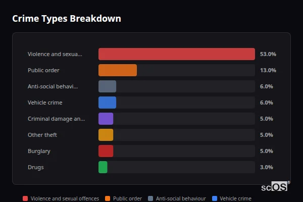 Crime Types Breakdown for Steeton - showing Violence and sexual offences (53%), Public order (13%), Anti-social behaviour (6%)
