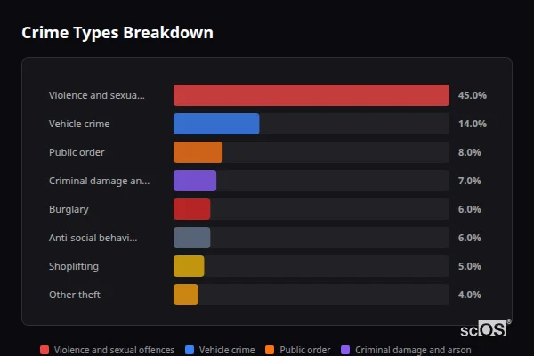 Crime Types Breakdown for Wilsden - showing Violence and sexual offences (45%), Vehicle crime (14%), Public order (8%)